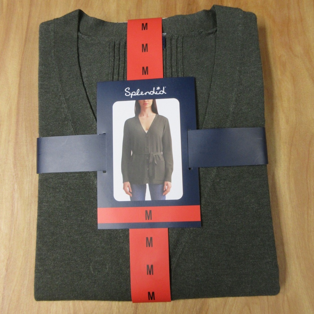 SPLENDID  Button Front Belted Cardigan Sweater Medium Olive Army Green Knit‎ NWT